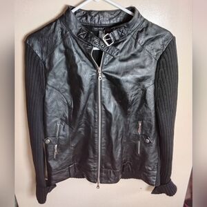 Black Maurice Sasson Womens Leather & Knit Sweater Jacket W/ Buckle Strap Collar